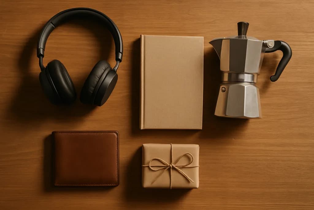 Regalos para el Día del Padre sobre una mesa: auriculares, libro, café y billetera de piel