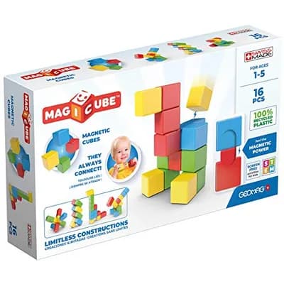 Geomag Magicube Full Color, Bloques de Construcción Magnéticos para Niños a Partir de 1 Año – Juego de 16 Bloques de 4 Colores Hechos de Plástico 100% Reciclado