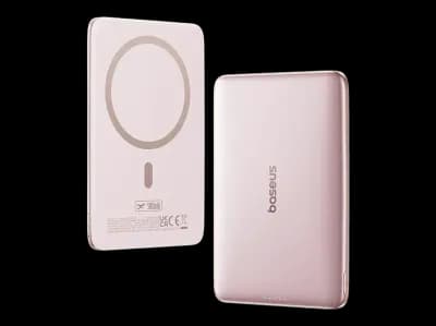 Powerbank - Baseus PicoGo AM41 Ultra-fina, 5000 mAh, 20W, Carga magnética, Con cable Tipo C 60W, Carga Pass-Through, Carga rápida, Rosa Nebula