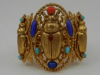 ASKEW LONDON EGYPTIAN REVIVAL PHARAON SCARAB BRACELET EARRING SET BRASS 24K GOLD