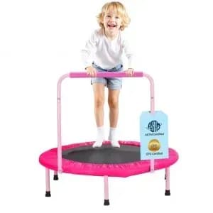 VEVOR 36" børnetrampolin, 3 fod indendørs udendørs trampolin, foldbar minitrampolin med håndtag, reboundertrampolin til småbørn, fødselsdagsgave til børn fra 3 år, drenge og piger til sjov, lyserød