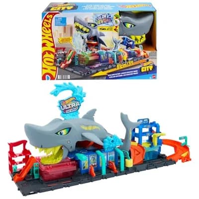 Hot Wheels City “Let's Race - ¡a correr!” Netflix - Túnel de lavado de coches con tiburón, pista para coches de juguete, incluye 1 vehículo que cambia de color con agua, juguete +4 años (HTN82)