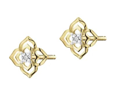 Kolczyki z żółtego złota z diamentami - kwiatki - 0,006 ct - próba 585