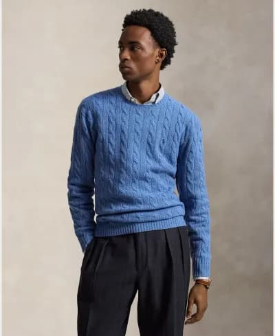 Jersey de hombre en punto de ochos con cuello redondo - Polo Ralph Lauren - Azul porcelana