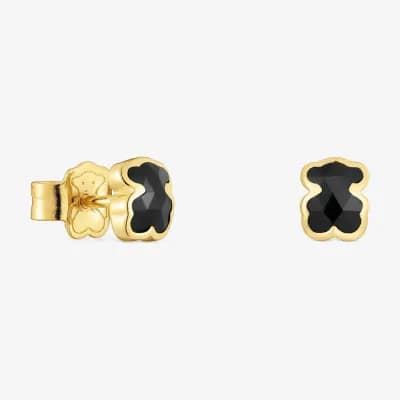 Pendientes oso con baño de oro 18 kt sobre plata y ónix 6 mm Icon Color