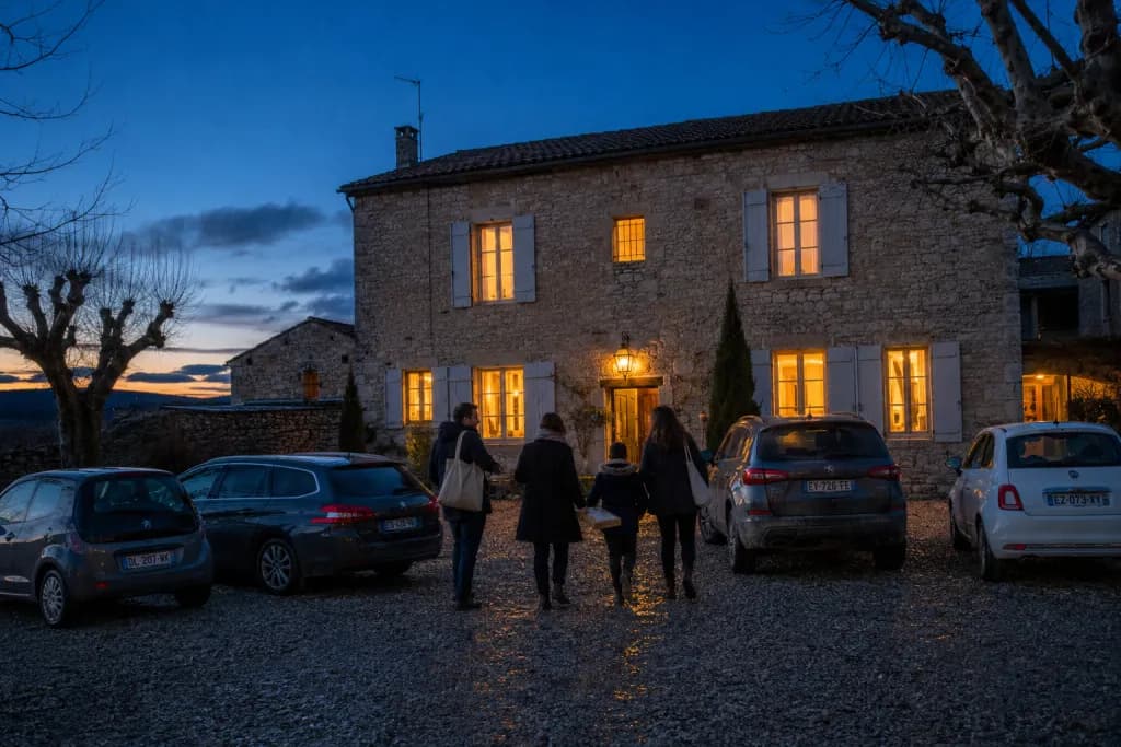 Quatre voitures garées devant une maison en pierre aux fenêtres éclairées, une famille se dirigeant vers la porte, un soir de décembre