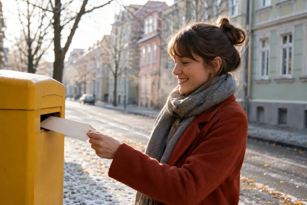 Lächelnde junge Frau in Wollmantel wirft an einem sonnigen Novembermorgen einen Brief in einen gelben Briefkasten