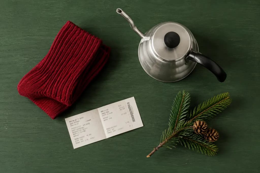 Overhead flat lay on a deep green board: folded red wool socks, a steel kettle, a plain unprinted ticket lying face down and a sprig of fir