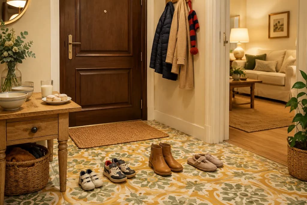Zapatos de distintos tamaños junto a la puerta del recibidor la noche de Reyes