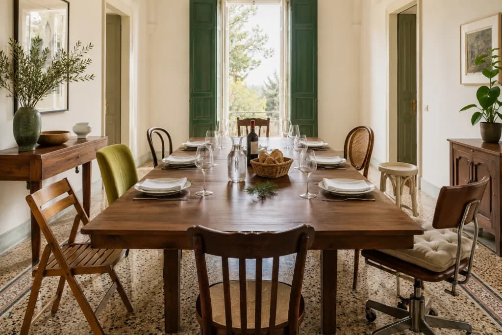 Tavolo allungato con la prolunga, otto sedie spaiate e otto coperti apparecchiati per il pranzo di Natale, luce invernale