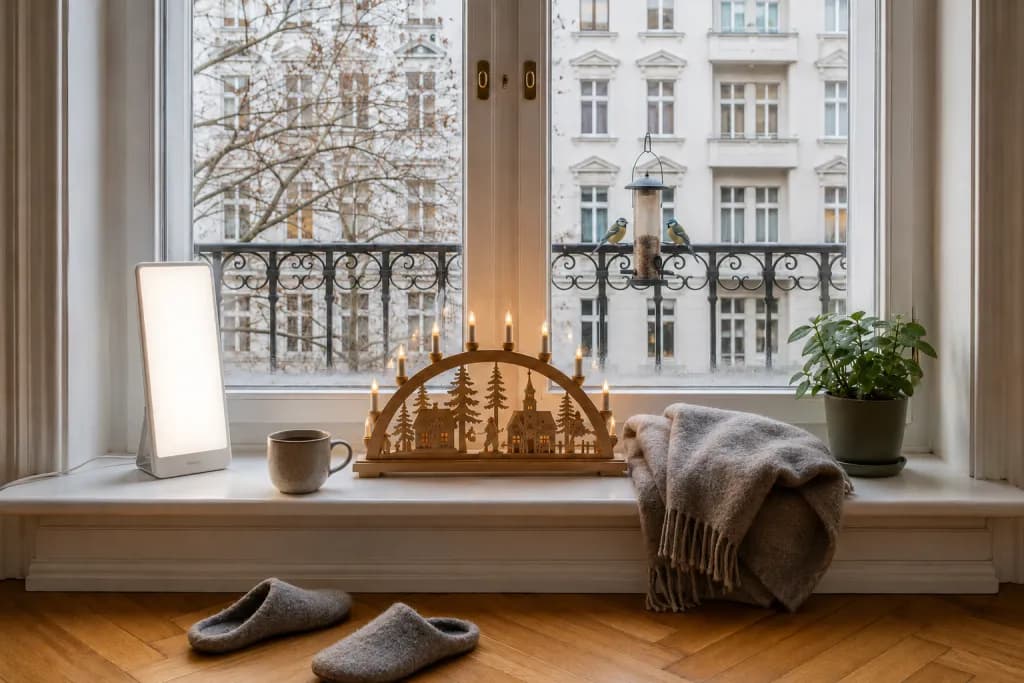 Schwibbogen und Tageslichtlampe auf der Fensterbank eines Altbaus im Novemberlicht, davor Wollfilz-Hausschuhe, draußen eine Futtersäule am Balkongeländer