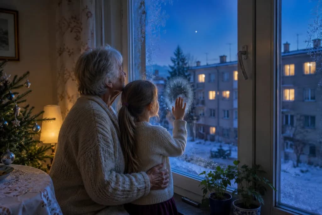 Babcia i wnuczka wypatrują pierwszej gwiazdki przez oszronione okno, w jasnym pokoju za nimi ubrana choinka i kilka paczek
