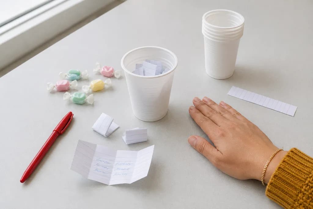 Una mano descansa junto a un vaso blanco con papelitos doblados sobre la mesa de una oficina durante el sorteo de un intercambio navideño