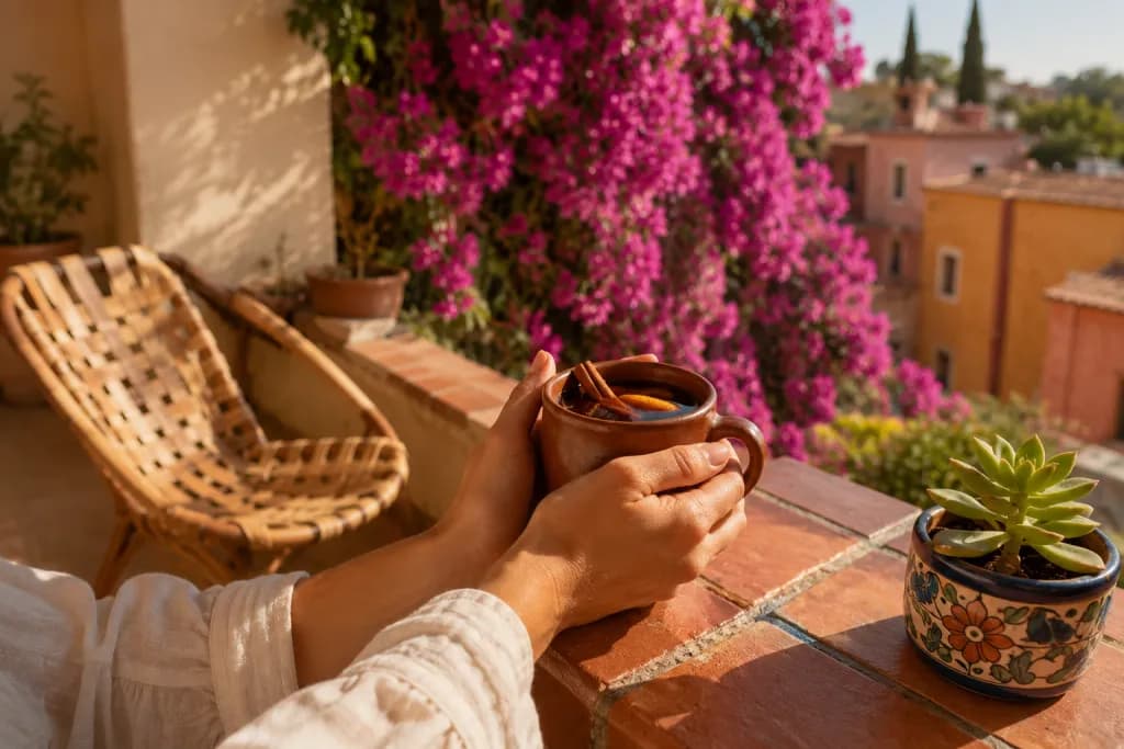 Cuaderno de cocina con lista de deseos escrita a mano y anotaciones de precios en lápiz, junto a una taza de barro con café y luz natural de mañana mexicana