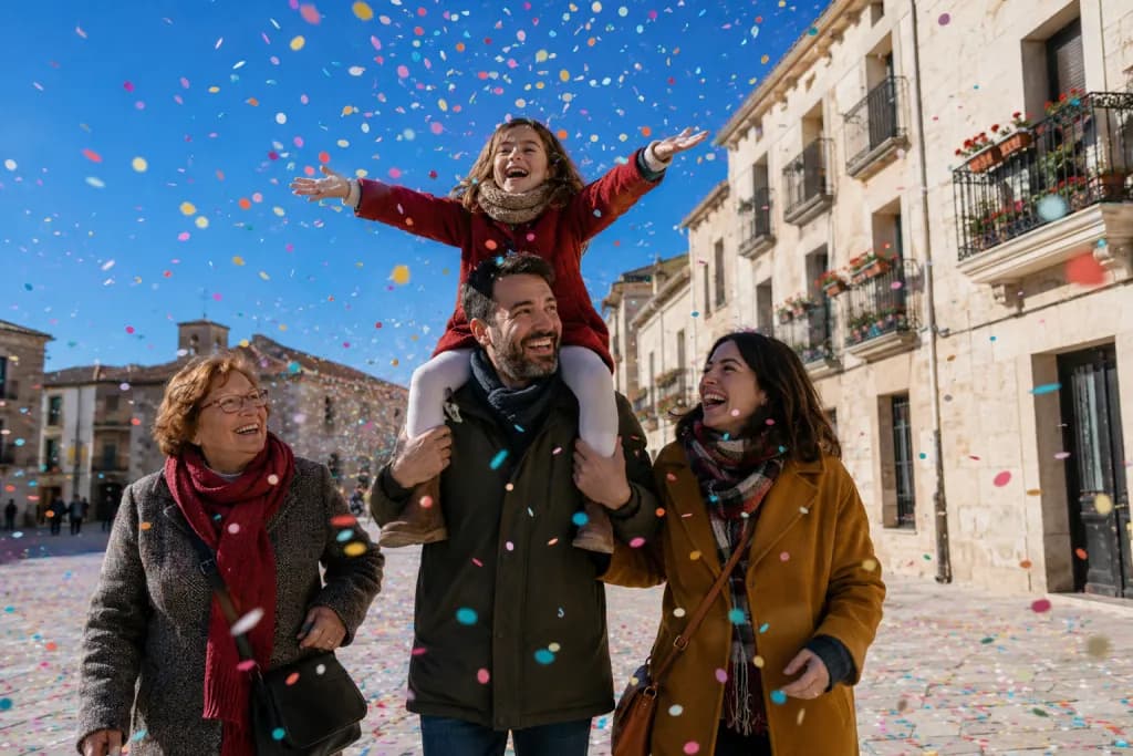 Familia española entre confeti de colores en una plaza soleada tras la Cabalgata de Reyes