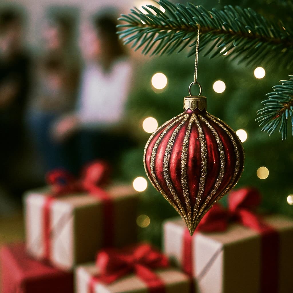 Cozy Christmas evening with tree lights and wrapped presents